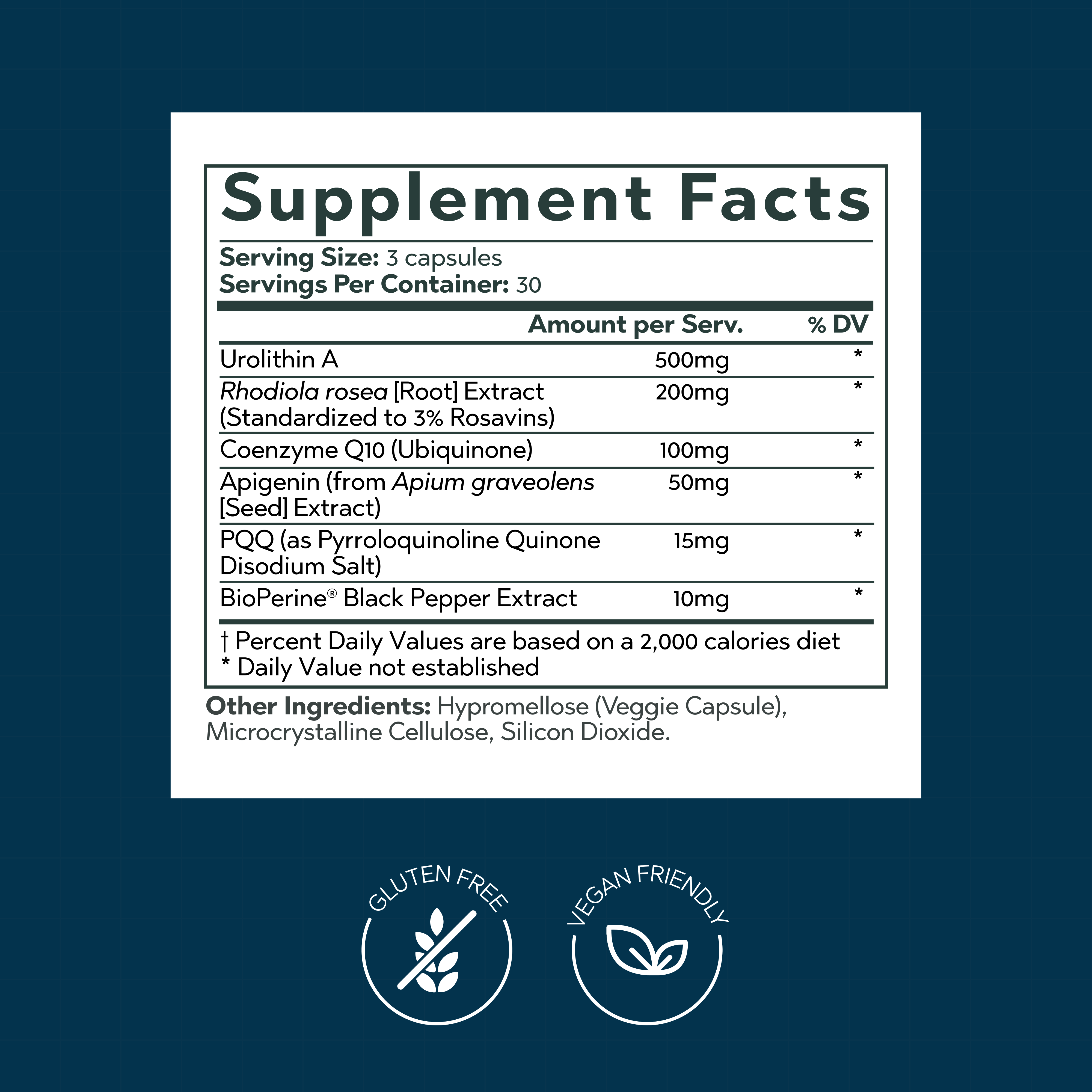 Supplement facts label with ingredients and claims on a blue background