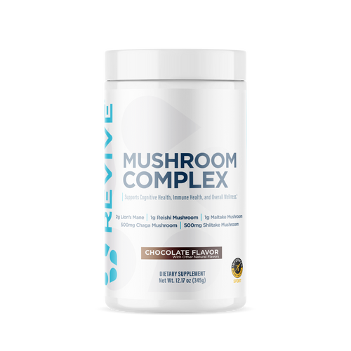 Revive Mushroom Complex supplement container in chocolate flavor, highlighting Lion’s Mane, Reishi, Maitake, Chaga, and Shiitake mushrooms for cognitive and immune support.