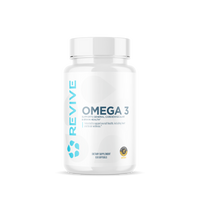 Revive Essentials Omega-3 dietary supplement bottle containing 120 softgels. Designed to support cardiovascular, brain, and general health, featuring the Informed-Sport certification.