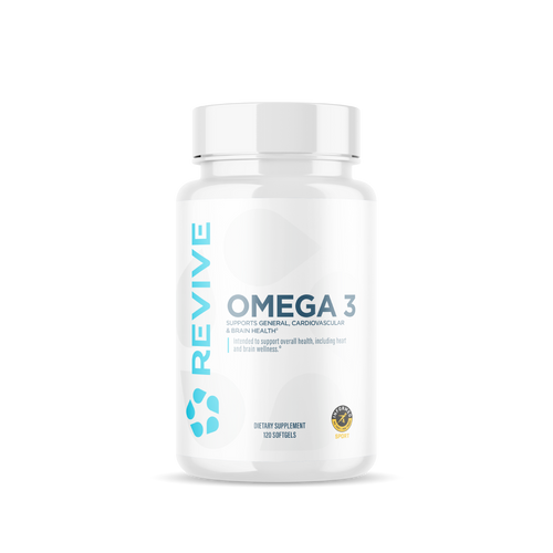 Revive Essentials Omega-3 dietary supplement bottle containing 120 softgels. Designed to support cardiovascular, brain, and general health, featuring the Informed-Sport certification.