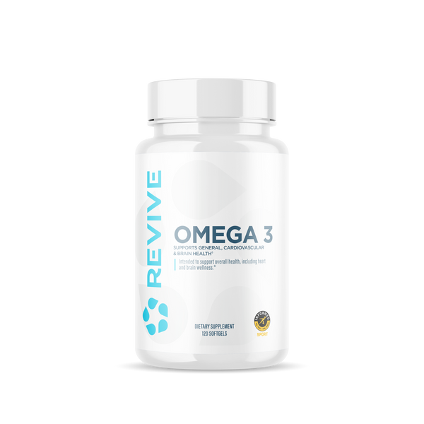 Revive Essentials Omega-3 dietary supplement bottle containing 120 softgels. Designed to support cardiovascular, brain, and general health, featuring the Informed-Sport certification.