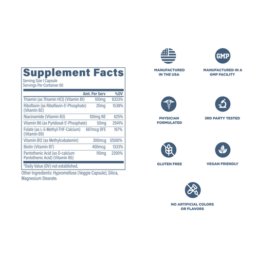 Supplement facts label with certification icons on a white background
