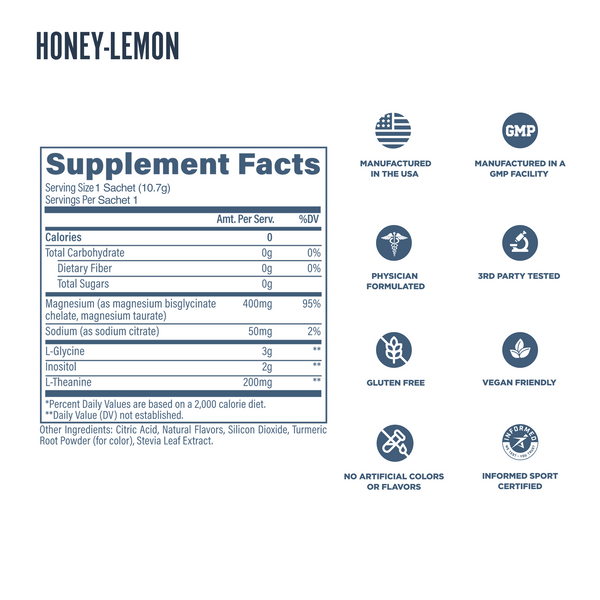 Supplement facts panel for Revive Sleep honey lemon flavor stick, featuring magnesium, glycine, inositol, and L-theanine, alongside icons for gluten-free, vegan, and Informed Sport certified.