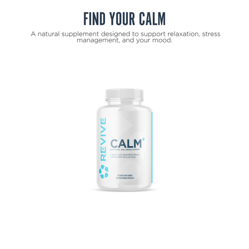 A bottle of Revive CALM centered on a white background. Text reads: Find your calm.