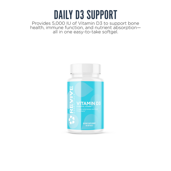 Revive Essentials Vitamin D3 supplement bottle with 5,000 IU per softgel. Designed to support bone health, immunity, and nutrient absorption in a daily dose.