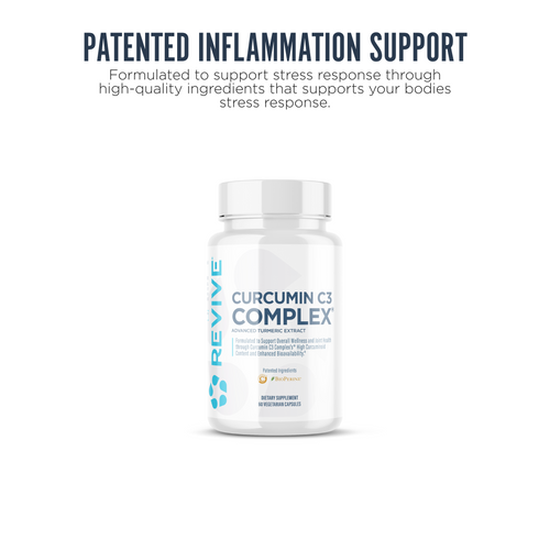 A bottle of Revive MD Curcumin C3 Complex. Text reads: Patented Inflammation Support - Formulated to support stress response through high-quality ingredients that support your body's stress response.