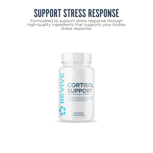 A bottle of Revive MD Cortisol Support. Text reads: Support Stress Response - Formulated to support stress response through high-quality ingredients that supports your bodies stress response.