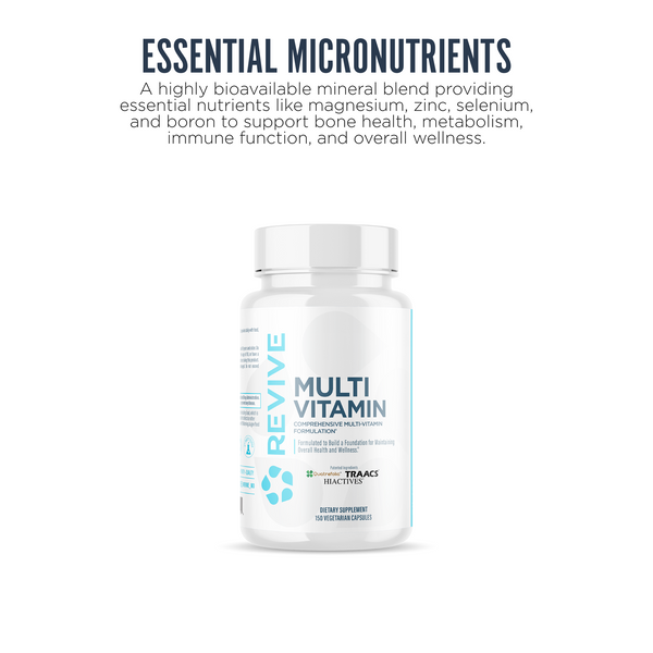 Revive Multivitamin supplement bottle presented with description of essential micronutrients such as magnesium, zinc, selenium, and boron to support bone health, metabolism, immune function, and overall wellness.