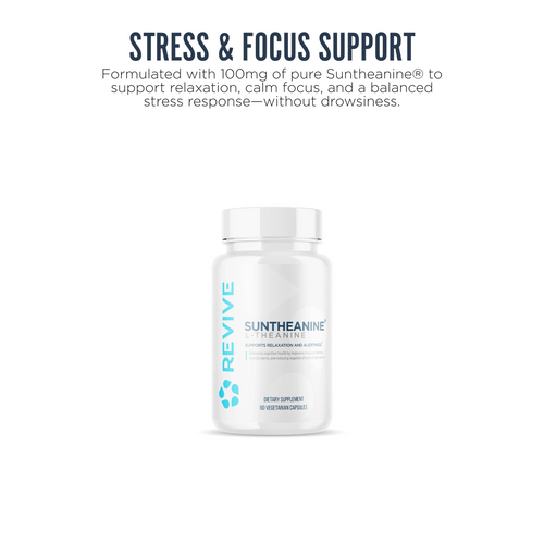 Revive Suntheanine supplement with 100mg of pure L-theanine per serving, formulated to support calm focus, stress relief, and relaxation without drowsiness.