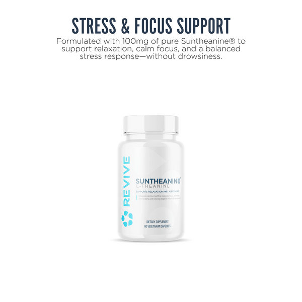 Revive Suntheanine supplement with 100mg of pure L-theanine per serving, formulated to support calm focus, stress relief, and relaxation without drowsiness.
