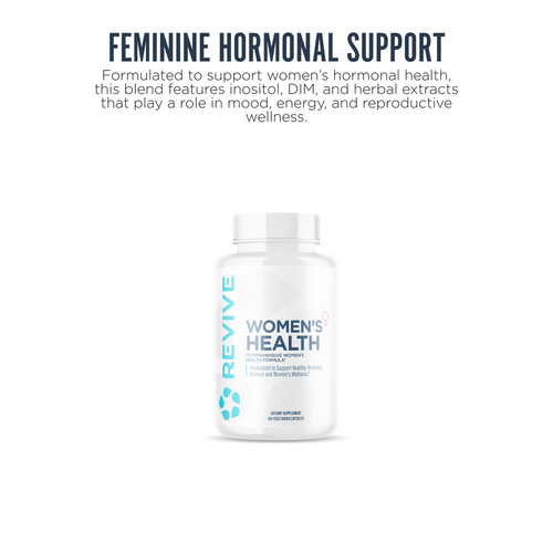 Supplement bottle labeled 'Revive Women's Health' on a white background with text about feminine hormonal support.