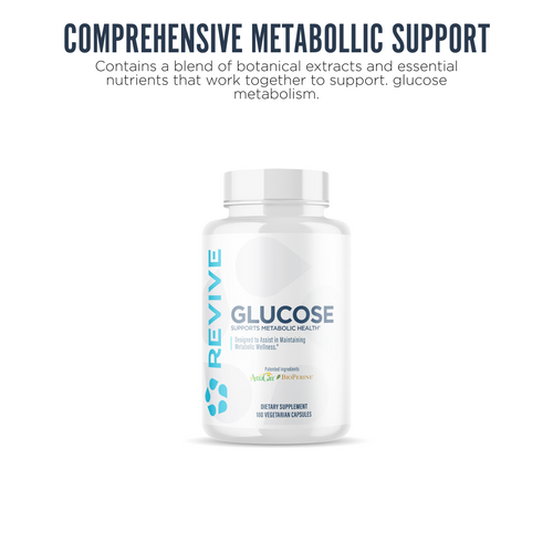A bottle of Revive Glucose centered on a white background. Text reads: Comprehensive metabolic Support.