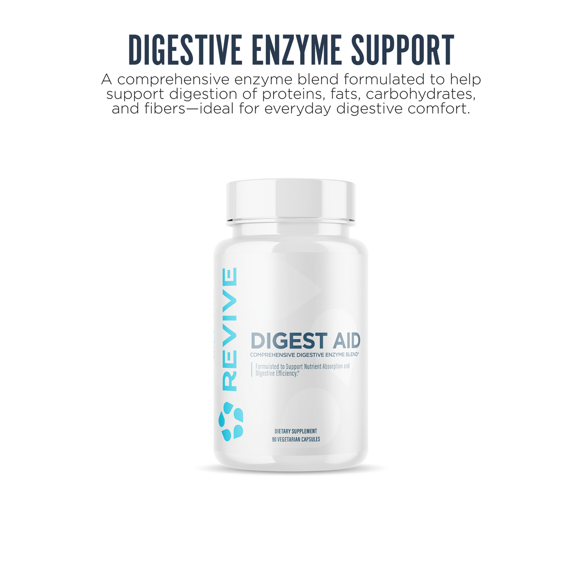 Revive Digest Aid supplement graphic highlighting digestive enzyme support for proteins, fats, carbs, and fibers. Designed to enhance nutrient absorption and digestive efficiency.