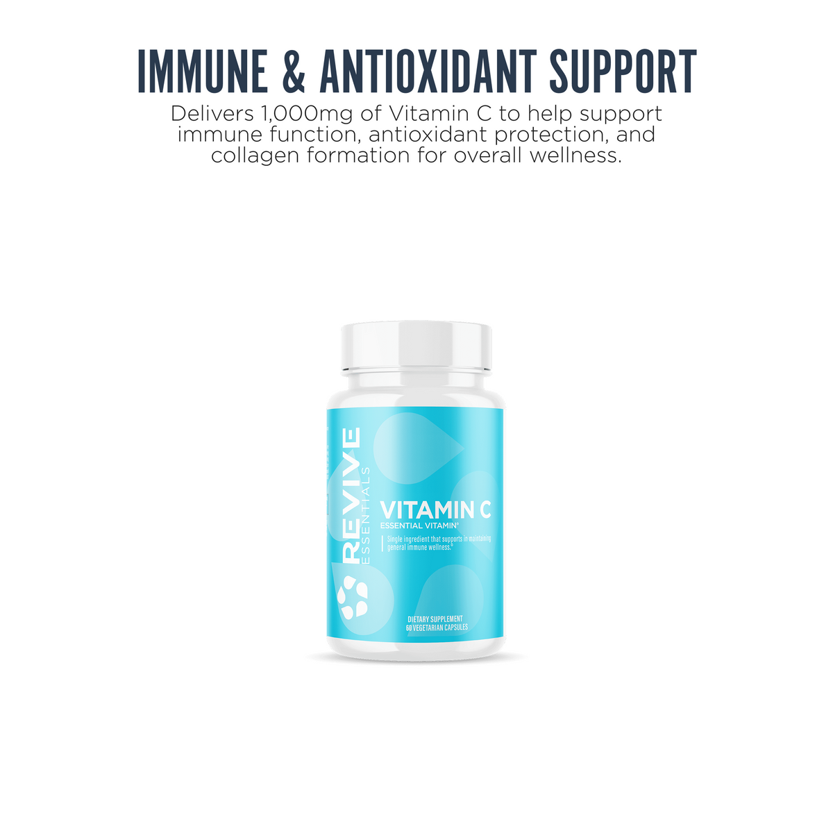 Revive Vitamin C bottle centered below text that highlights its benefits for immune function, antioxidant protection, and collagen support.