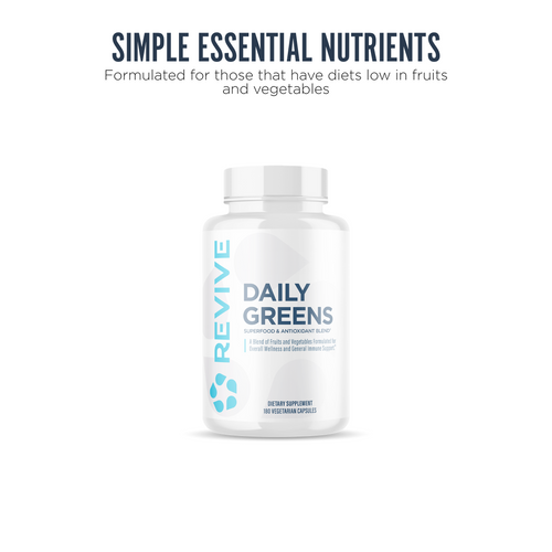A bottle of Revive Daily Greens centered on a white background. Text reads: Simple Essential Nutrients.