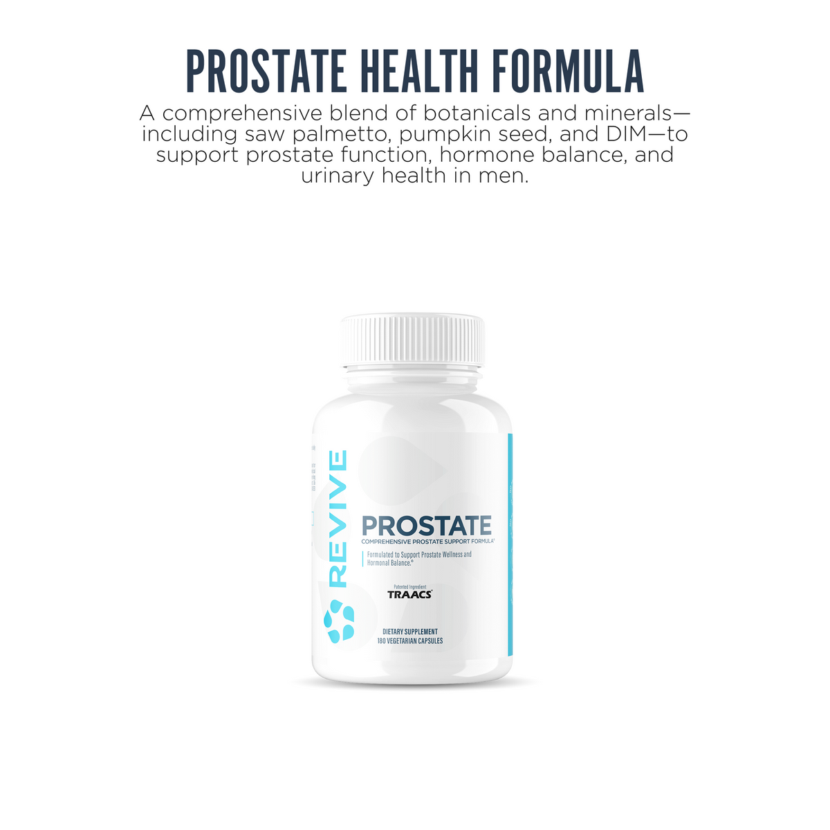 Revive Prostate Health supplement for men, formulated with botanicals and minerals like saw palmetto and pumpkin seed to support hormone balance, urinary function, and long-term prostate health.