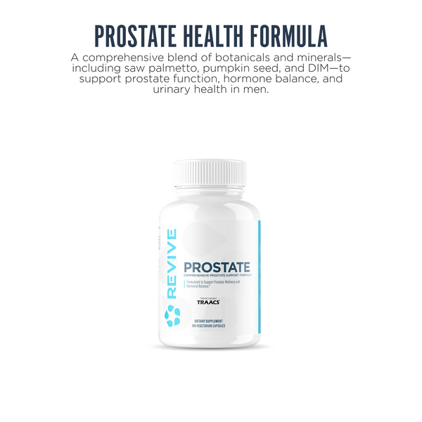 Revive Prostate Health supplement for men, formulated with botanicals and minerals like saw palmetto and pumpkin seed to support hormone balance, urinary function, and long-term prostate health.