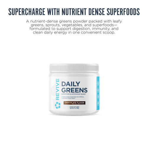 A bottle of Revive Daily Greens centered on a white background. Text reads: Supercharge with nutrient dense superfoods.