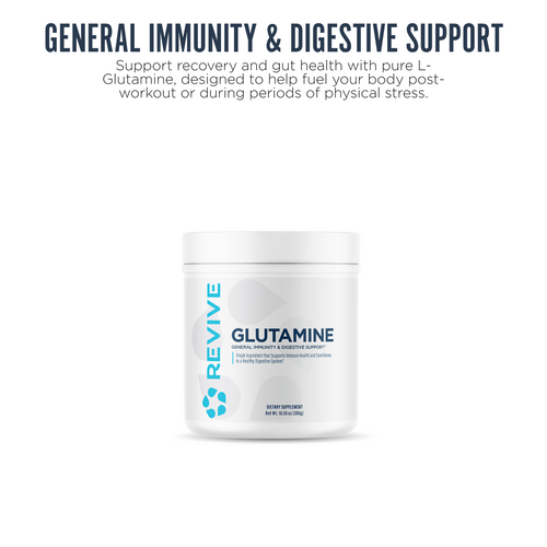 A bottle of Revive Glutamine on a white background. Text reads: General Immunity & Digestive Support.