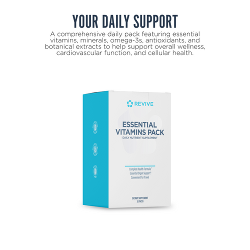 a box of Revive Essential Vitamins Pack with a white background.