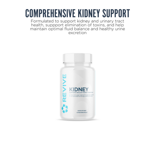 A bottle of Revive Kidney centered on a white background. Text reads: Comprehensive Kidney Support.