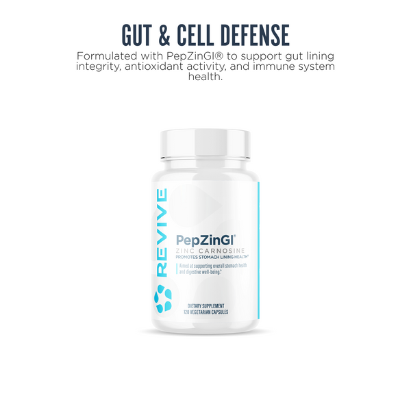 Revive PepZinGI Zinc Carnosine supplement bottle promoting gut lining integrity, antioxidant defense, and immune system health. Formulated to support stomach lining wellness with 120 vegetarian capsules.