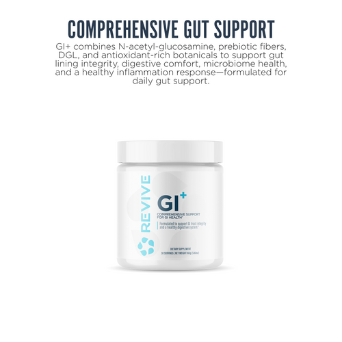 A bottle of Revive GI plus centered on a white background. Text reads: Comprehensive Gut Support