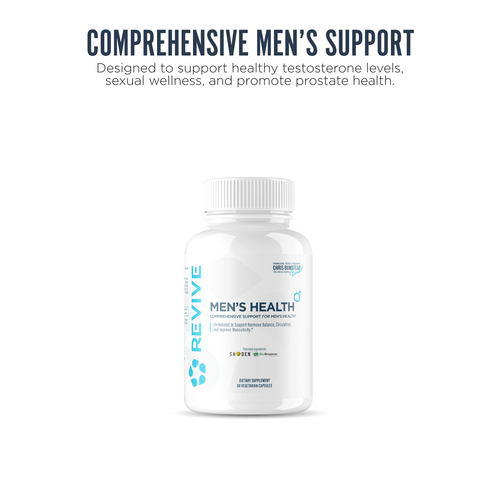 A bottle of Revive Men's Health centered on a white background. Text reads: Comprehensive men's support.