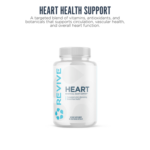 A bottle of Revive HEART centered on a white background. Text reads: Heart Health Support.