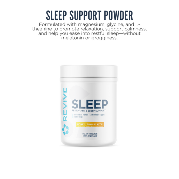 Revive Sleep Support powder in honey lemon flavor, formulated with magnesium, glycine, and L-theanine to promote relaxation and restful sleep without melatonin or grogginess.