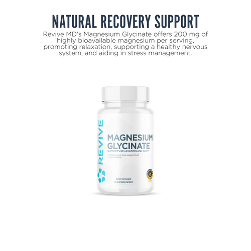 A bottle of Revive Magnesium Glycinate Text reads: Natural recovery Support.
