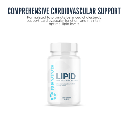 A bottle of Revive LIPID centered on a white background. Text reads: Comprehensive cardiovascular support.