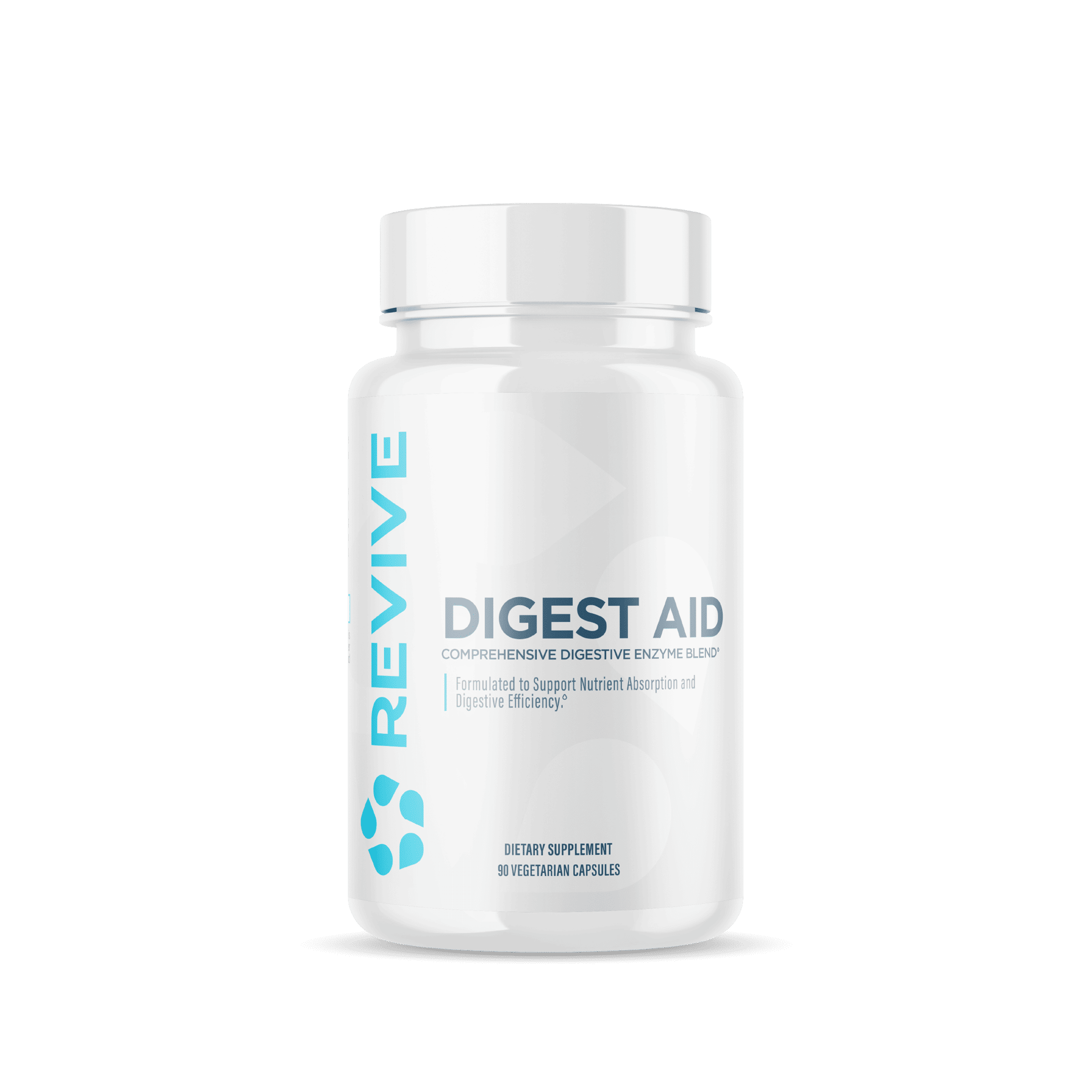 Revive Essentials Digest Aid dietary supplement bottle with 90 vegetarian capsules, formulated for comprehensive digestive enzyme support and improved nutrient absorption.