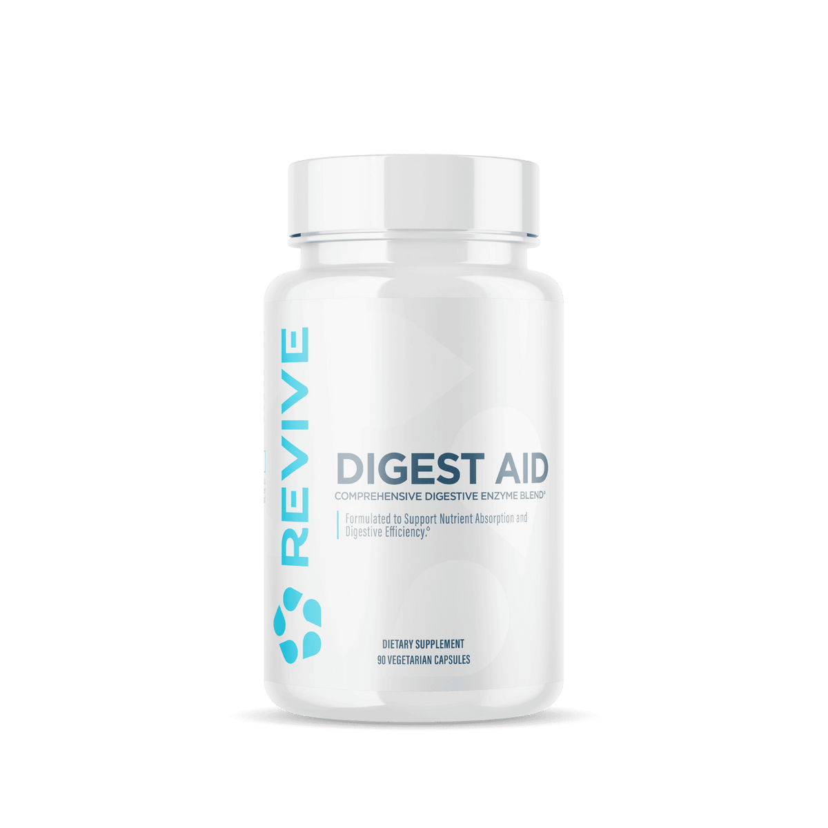 Revive Essentials Digest Aid dietary supplement bottle with 90 vegetarian capsules, formulated for comprehensive digestive enzyme support and improved nutrient absorption.