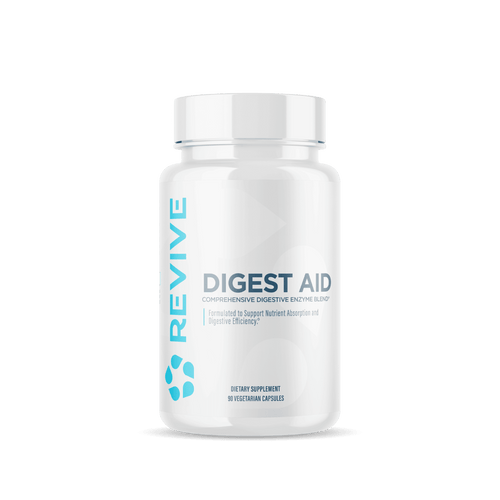 Revive Essentials Digest Aid dietary supplement bottle with 90 vegetarian capsules, formulated for comprehensive digestive enzyme support and improved nutrient absorption.