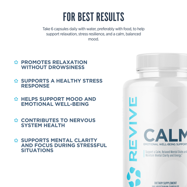 Revive Calm supplement bottle alongside listed benefits including relaxation without drowsiness, stress support, emotional well-being, nervous system health, and mental clarity.