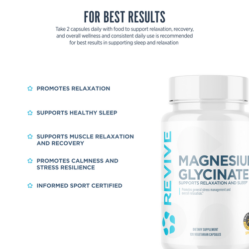 Supplement bottle labeled 'Revive Magnesium Glycinate' with product benefits on a white background