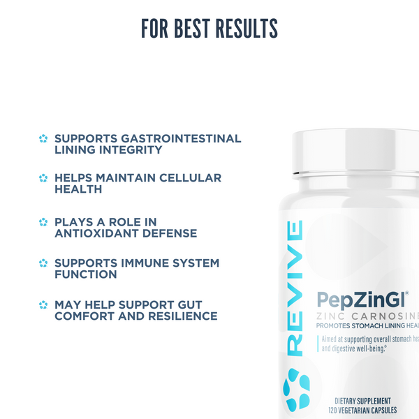 Revive PepZinGI supplement benefits infographic showcasing gastrointestinal lining support, cellular health, immune system support, antioxidant activity, and gut resilience.