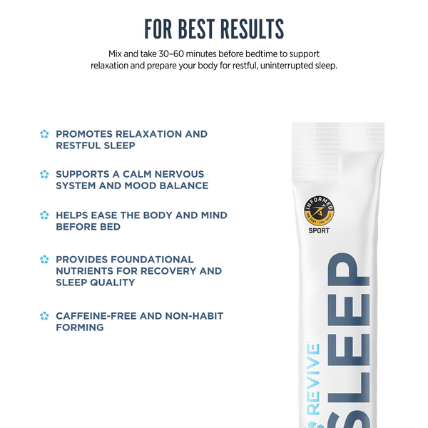 Suggested usage and benefits for Revive Sleep stick, including relaxation, mood balance, recovery support, and caffeine-free, non-habit-forming properties.