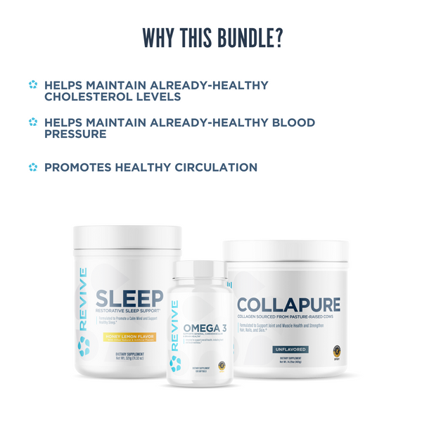 Revive bundle with Sleep, Omega 3, and CollaPure supplements designed to support healthy cholesterol levels, blood pressure, and circulation.