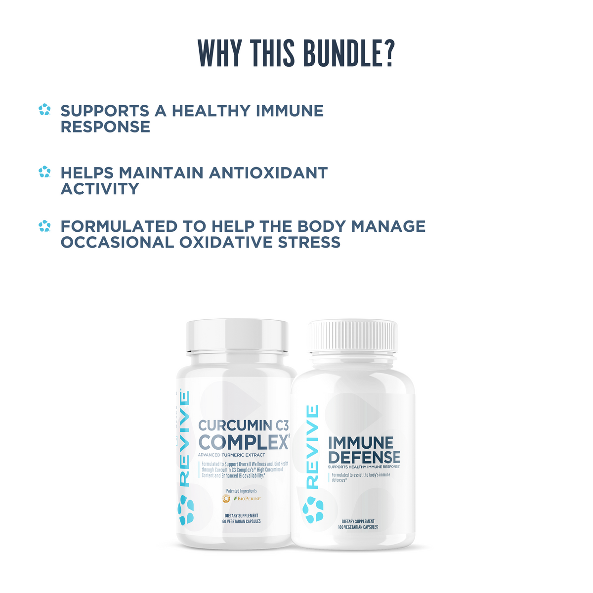 Revive bundle of Curcumin C3 Complex and Immune Defense highlighting immune support, antioxidant activity, and oxidative stress management.