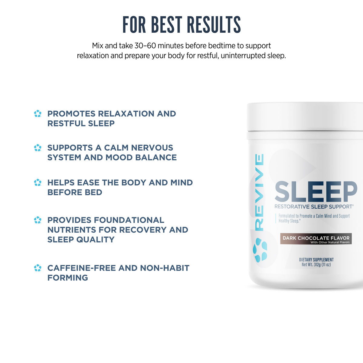 Revive Sleep Support powder in dark chocolate flavor. Designed to promote relaxation, calm the nervous system, and enhance sleep quality without caffeine or habit-forming ingredients.
