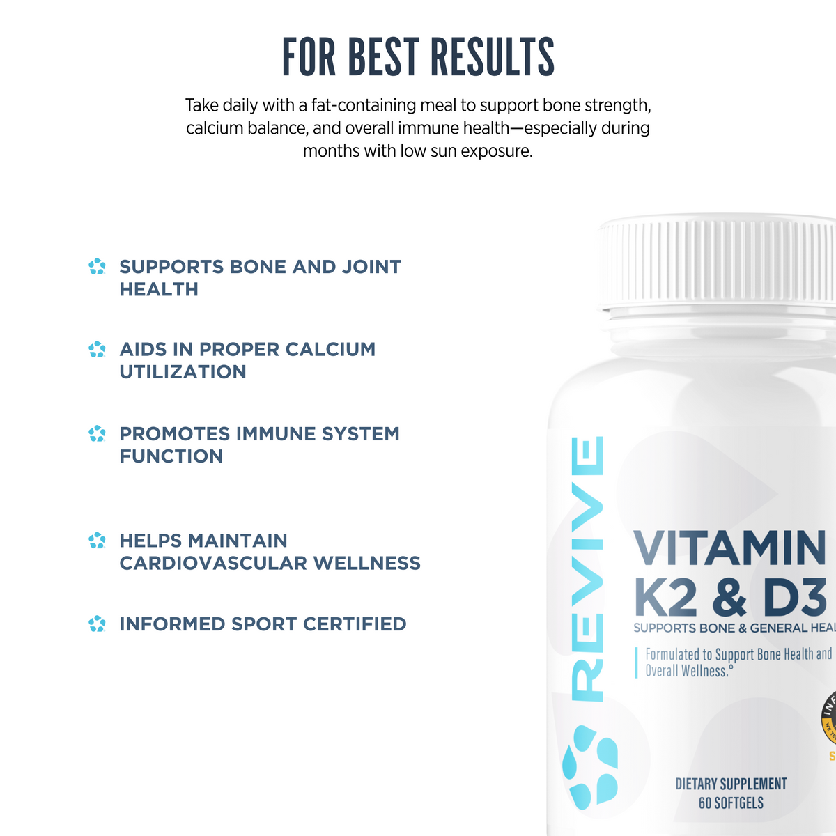 Revive Vitamin K2 & D3 supplement benefits infographic showing support for bone and joint health, calcium utilization, immune function, cardiovascular wellness, and Informed Sport certification.