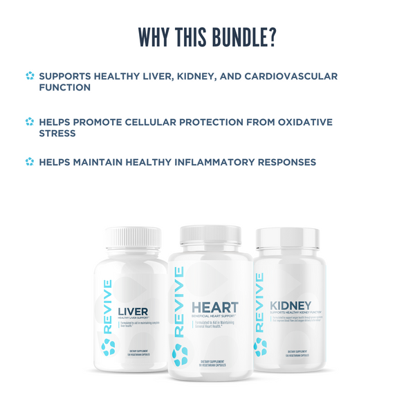 Revive supplement bundle including Liver, Heart, and Kidney support bottles shown below text highlighting benefits such as supporting cardiovascular function, cellular protection from oxidative stress, and healthy inflammatory responses.