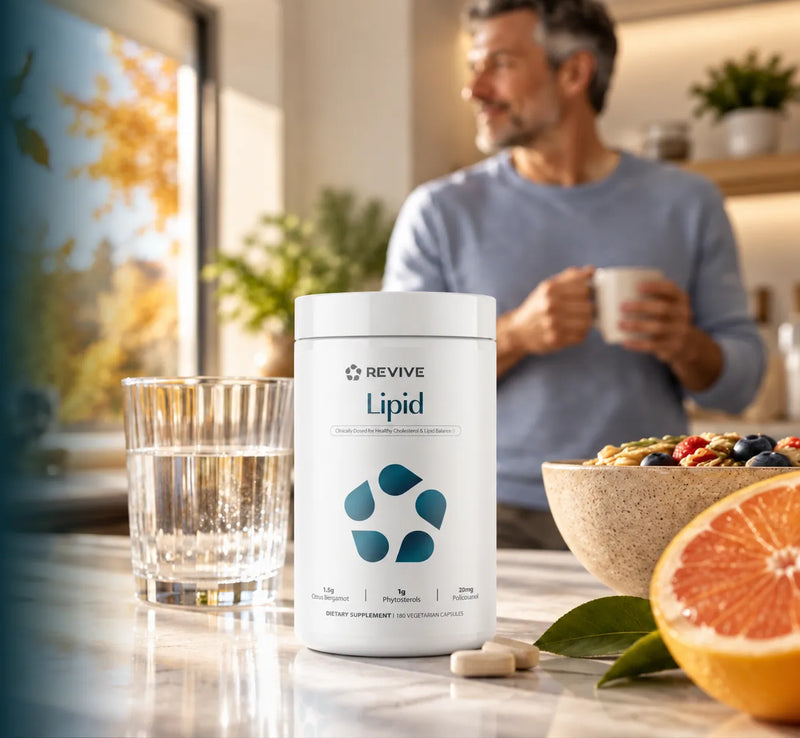 Revive MD Sleep and Cortisol Support on a bedside table