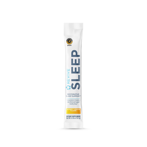 One Revive Sleep stick pack in honey lemon flavor, formulated to promote a calm mind and healthy sleep, with Informed Sport certification badge.