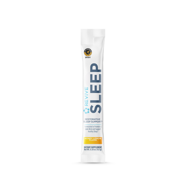 One Revive Sleep stick pack in honey lemon flavor, formulated to promote a calm mind and healthy sleep, with Informed Sport certification badge.