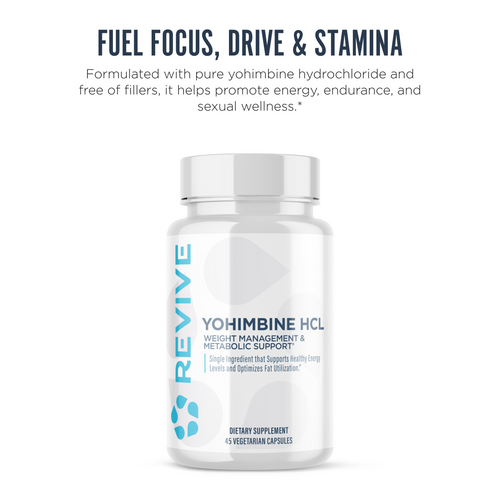 Supplement bottle labeled 'Revive Yohimbine HCL' on a white background
